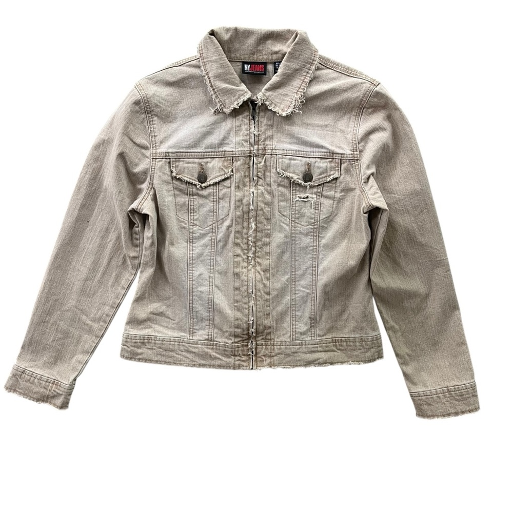 NY Jeans Womens S Light Tan Khaki Denim Distressed Zip Front Stretch Jean Jacket